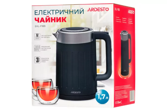 Электрочайник Ardesto 1.7л, Strix, двойные стенки, черный матовый