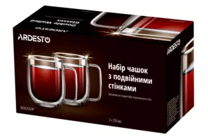 ARDESTO Набір чашок з ручками з подвійними стінками, 250 мл, H 9,5 см, 2 од., боросилікатне скло