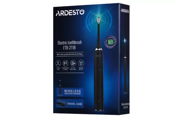 Щетка зубная электр. Ardesto ETB-211B, 40т. колеб/мин, насадок-5, футляр, IPX7, черный