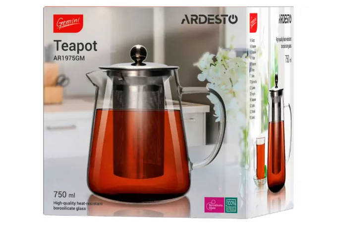 Ardesto Teapot Gemini Milano, 750ml, borosilicate glass, stainless steel, transparent
