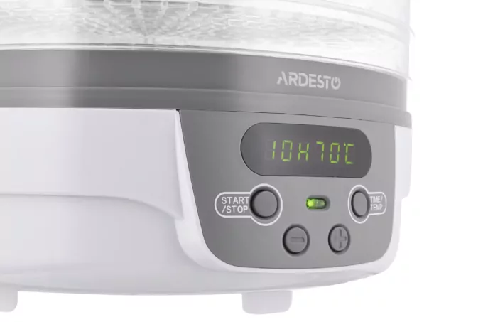 Сушарка для продуктів  Ardesto FDB-5321T, 250Вт, піддонів -5×3см, діаметр-32см, макс-70°С, таймер, електр. управління, пластик , білий