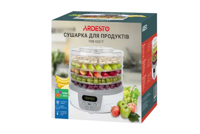Сушарка для продуктів  Ardesto FDB-5321T, 250Вт, піддонів -5×3см, діаметр-32см, макс-70°С, таймер, електр. управління, пластик , білий
