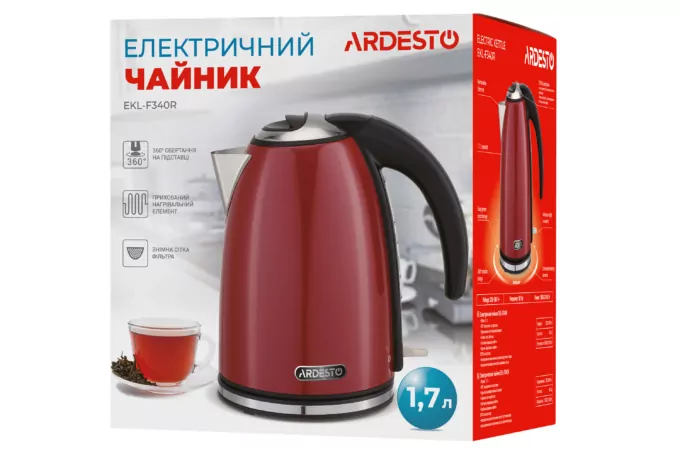 Электрочайник Ardesto 1.7л, Strix, металл, глянец красный