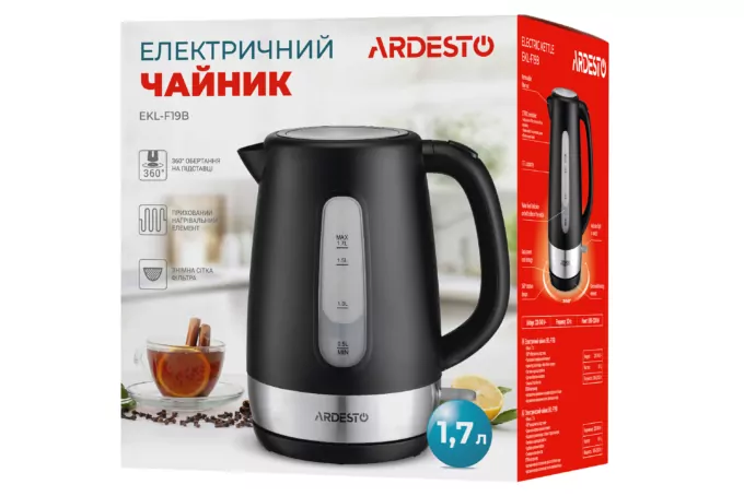 Электрочайник Ardesto 1.7л, Strix, пластик, черный матовый