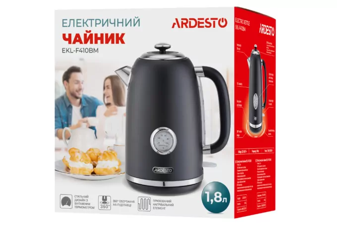 Электрочайник Ardesto Vintage Dream 1.8л, Strix, металл, чёрный матовый