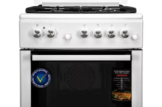 Плита ARDESTO комби, 64л, 60×60см, конвекция, чугун, подсветка, форсунки LPG (подключение газового баллона), съемные направляющие, белый