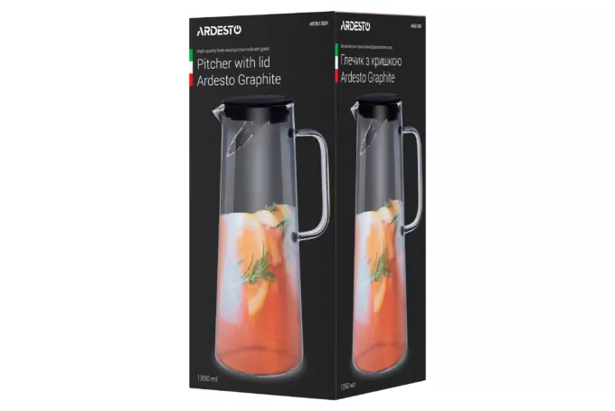 Кувшин с крышкой ARDESTO Graphite, 1350мл, боросиликатное стекло, пластик, нержавеющая сталь, серый