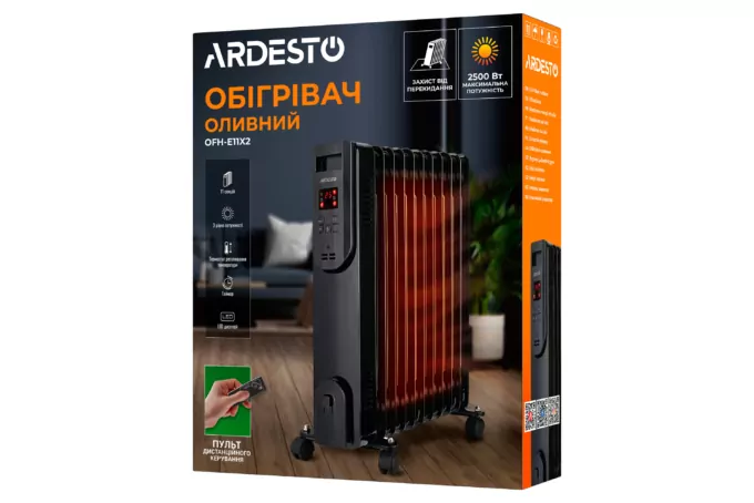 Масляный радиатор ARDESTO, 25м2, 2500Вт, электр. упр-ние, 11 секций, пульт ДУ, чёрный