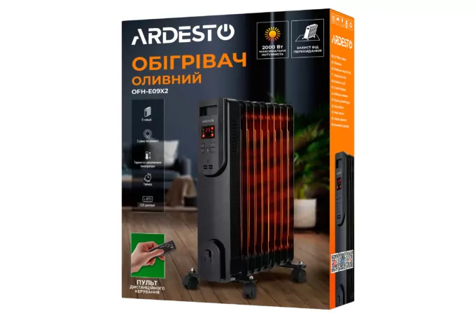 Масляный радиатор ARDESTO, 20м2, 2000Вт, электр. упр-ние, 9 секций, пульт ДУ, чёрный
