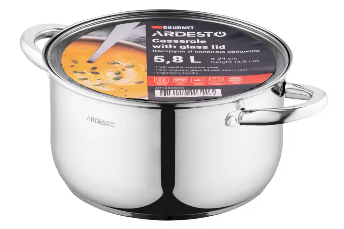 Ardesto Casserole with glass lid Gemini Gourmet Spoleto,, 5.8l, stainless steel
