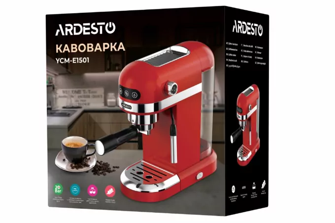 Кавоварка Ardesto ріжкова 1.4л, мелена, ручний капучинатор, підігрів чашок, червоний