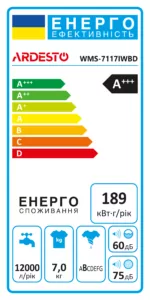 Пральна машина ARDESTO фронтальна, 7кг, 1400, А+++, 48см, дисплей, пара, інвертор, підсвіч.барабана, білий
