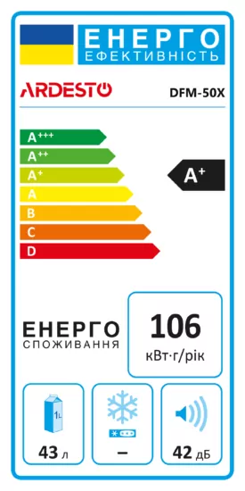 Ref ARDESTO mini, 49.2×47.2×45, 43L, A+, ST, silvery