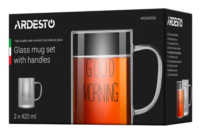 Mug set with handles ARDESTO Good Morning, 420ml, 2pcs, borosilicate glass, transparent