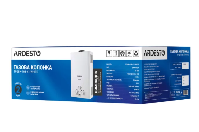 ARDESTO Газовая колонка X1, 10 л/мин., 20 кВт, розжиг от батареек, дисплей, белый