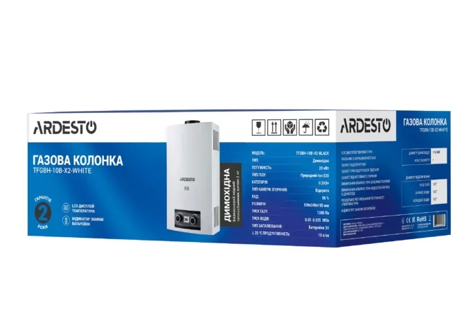 Газовая колонка Ardesto X2, 10 л/мин., 20 кВт, розжиг от батареек, дисплей, белый