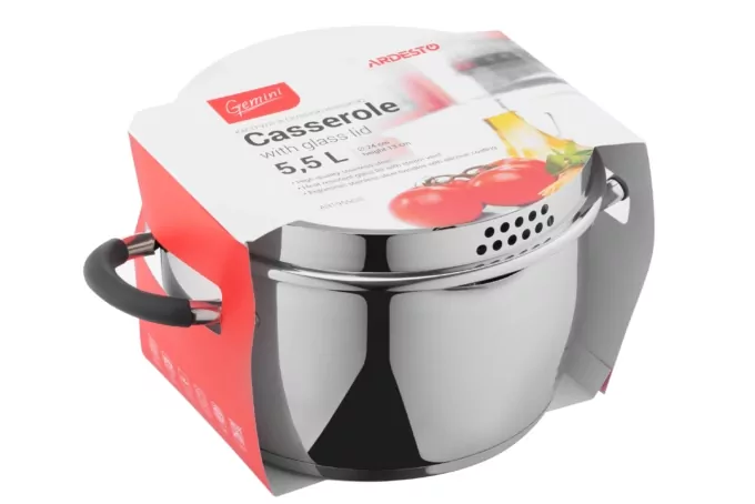 Ardesto Casserole with glass lid and drain spout Gemini Livorno, 5.5l, stainless steel, silicone