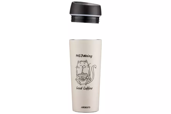 Термокухоль Ardesto Coffee Time Meowning, 450мл, нержавіюча сталь, бежевий