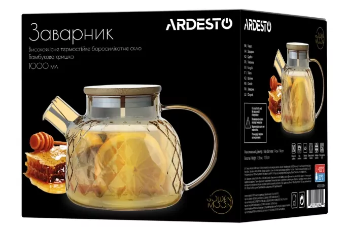 Ardesto Teapot Golden Moon Diamond, 1000ml, borosilicate glass, bamboo, golden