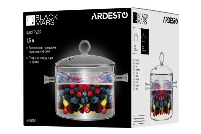 Ardesto Casserole with lidBlack Mars, 1.5l, borosilicate glass