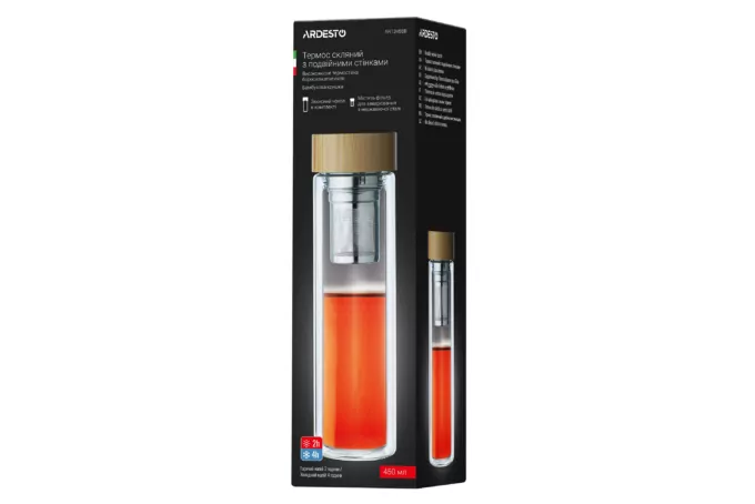Ardesto Double wall Bottle, 450ml, borosilicate glass, bamboo