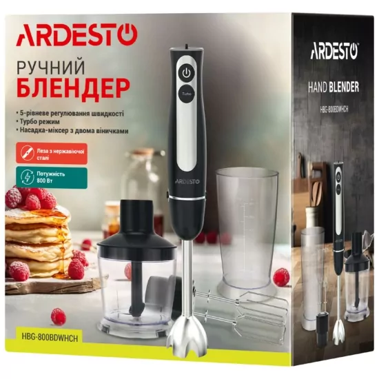 Блендер Ardesto заглибний 800Вт, 3в1, чаша-600мл, чопер-500мл, чорно-сріблястий