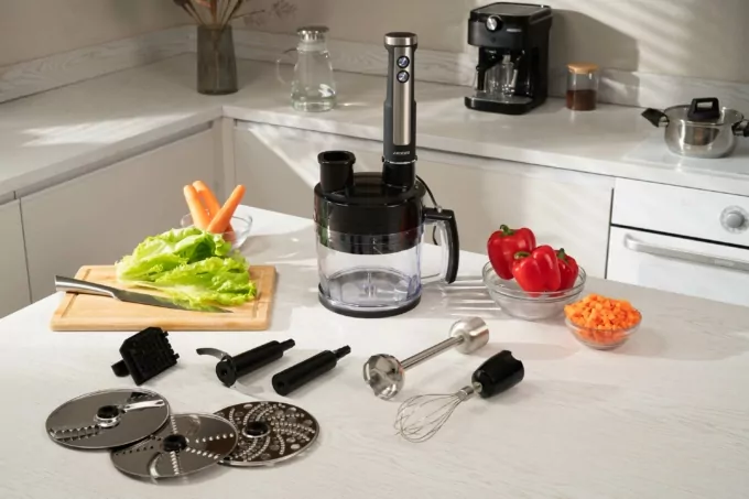 Блендер Ardesto погружной 1000Вт, 7в1, чаша-2000мл, насадка для нарезания кубиками, черно-серебристый