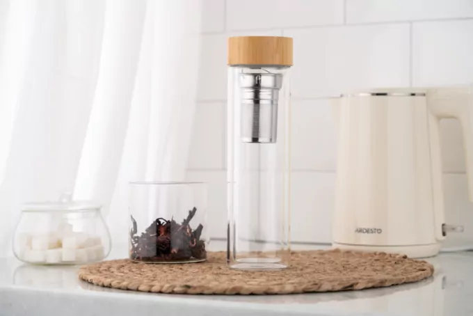 Ardesto Double wall Bottle, 450ml, borosilicate glass, bamboo