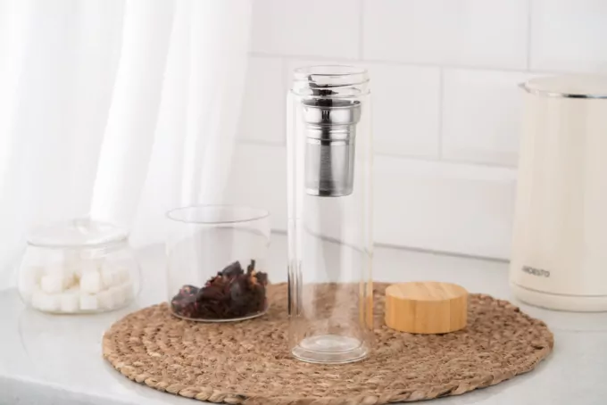 Ardesto Double wall Bottle, 450ml, borosilicate glass, bamboo
