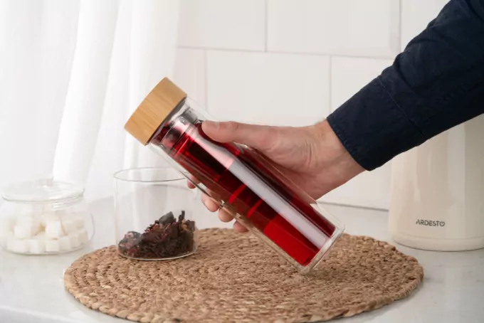Ardesto Double wall Bottle, 450ml, borosilicate glass, bamboo