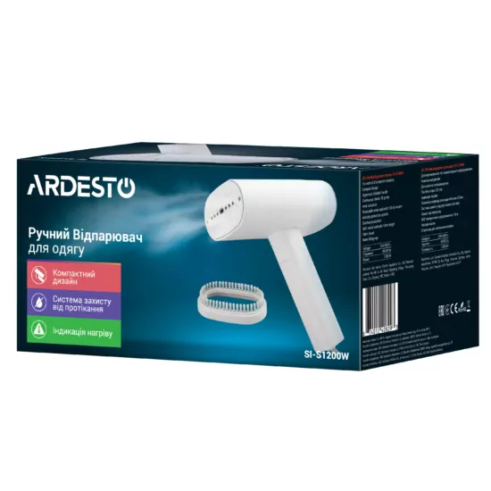 Відпарювач Ardesto ручний SI-S1200W, 1200Вт, 120мл, постійна пара – 22гр, складана ручка, керам. підошва, білий