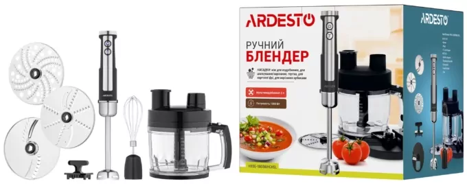 Блендер Ardesto погружной 1000Вт, 7в1, чаша-2000мл, насадка для нарезания кубиками, черно-серебристый
