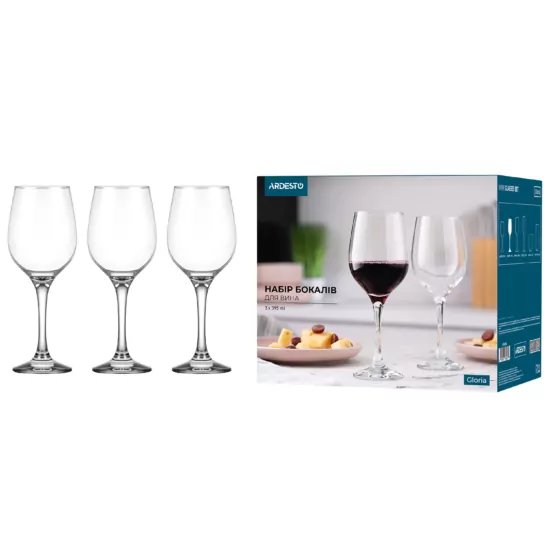 ARDESTO Wine glasses set Gloria 395ml, 3pcs, glass, transparent