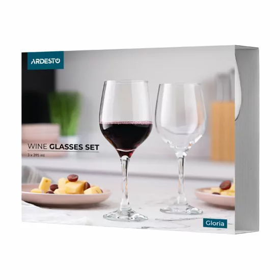 ARDESTO Wine glasses set Gloria 395ml, 3pcs, glass, transparent