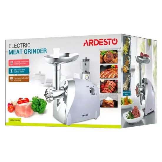 Meat grinder Ardesto, 2000W, prod.-1.9kg/min, 3 cutting plates+for sausag.plates, 3 vegetable slicer, plastik, black-silver