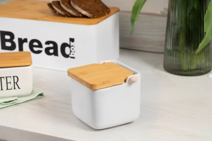 Сахарница Ardesto Midori 12х12х11см, 840мл, керамика, бамбук, белый