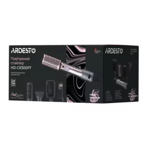 Ardesto Hair Dryer Brush Pink Touch, 1200W, 2 speeds, 2 temperature settings, ionization, LED-display, 4 attachments, gray+pink