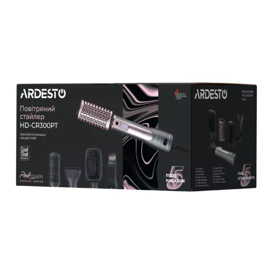 Ardesto Hair Dryer Brush Pink Touch, 1200W, 2 speeds, 2 temperature settings, ionization, LED-display, 4 attachments, gray+pink