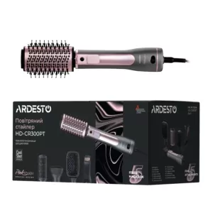 Ardesto Hair Dryer Brush Pink Touch, 1200W, 2 speeds, 2 temperature settings, ionization, LED-display, 4 attachments, gray+pink