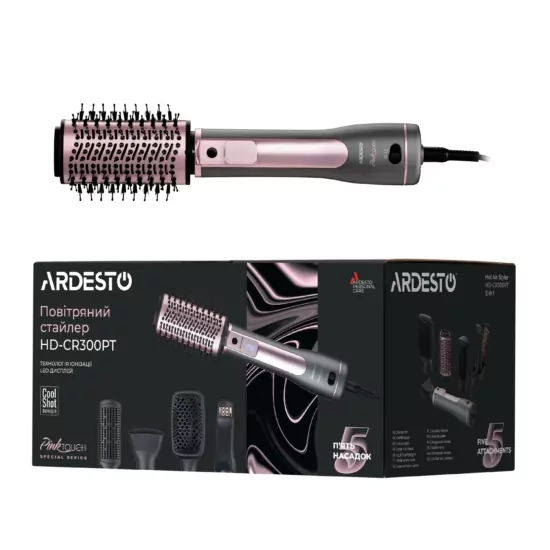 Ardesto Hair Dryer Brush Pink Touch, 1200W, 2 speeds, 2 temperature settings, ionization, LED-display, 4 attachments, gray+pink