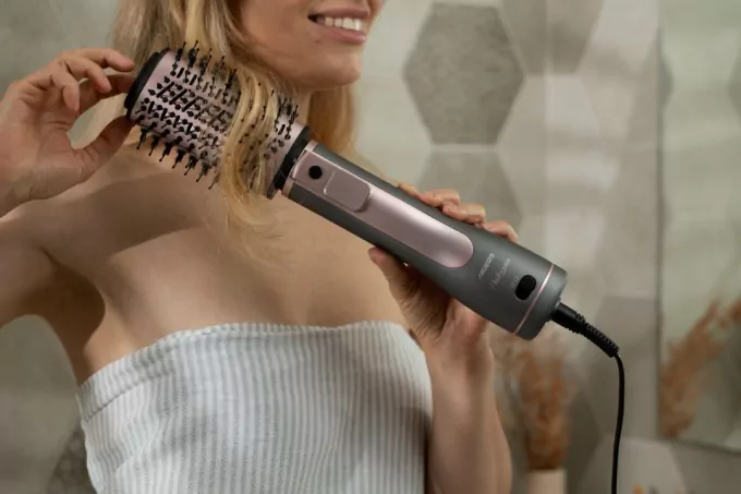 Ardesto Hair Dryer Brush Pink Touch, 1200W, 2 speeds, 2 temperature settings, ionization, LED-display, 4 attachments, gray+pink