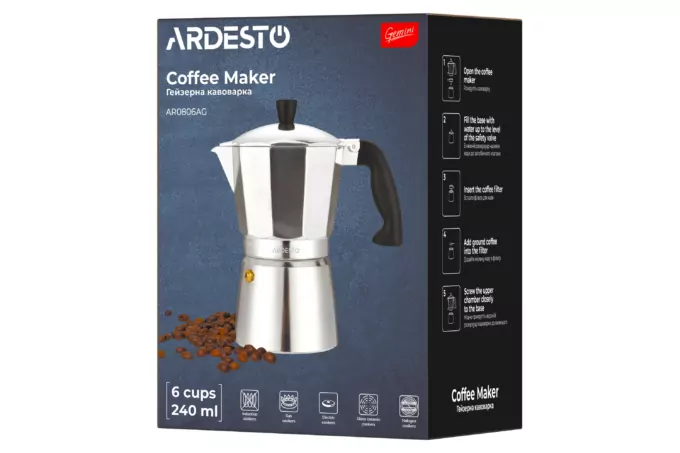 Гейзерна кавоварка ARDESTO Gemini Cremona, 0.24л, 6 чашок, алюміній
