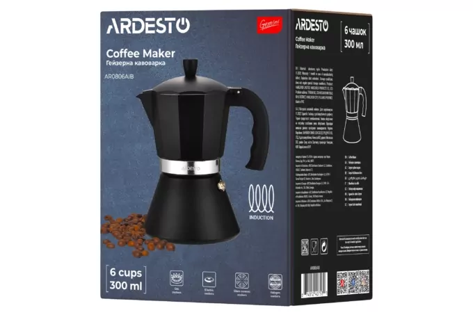 ARDESTO Гейзерная кофеварка Gemini Trento, 0.3л, 6 чашек, алюминий, чёрний