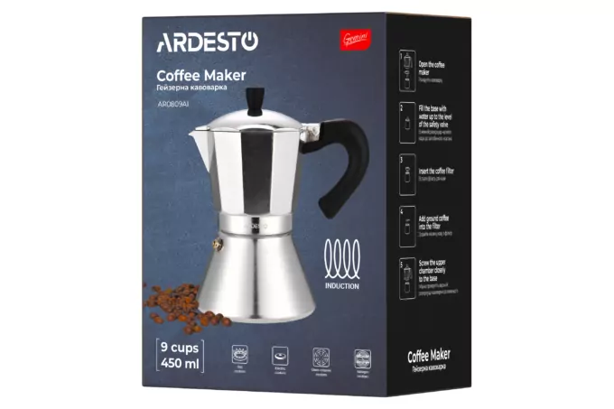 Гейзерная кофеварка ARDESTO Gemini Piemonte, 0.45л, 9 чашек, алюминий