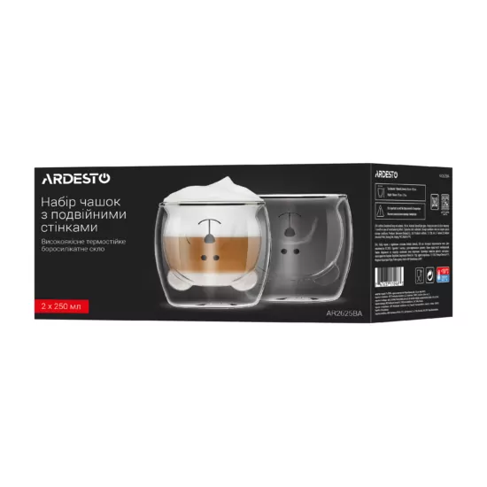 Ardesto Double wall mug set Animals, 250ml, 2pcs, borosilicate glass, transparent