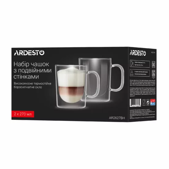 Ardesto Double wall mug set with handle, 270ml, 2pcs, borosilicate glass, transparent