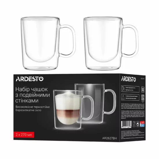 Ardesto Double wall mug set with handle, 270ml, 2pcs, borosilicate glass, transparent