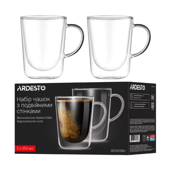 Набор чашек с ручками и двойными стенками Ardesto, 350мл, 2шт, боросиликатное стекло, прозрачный