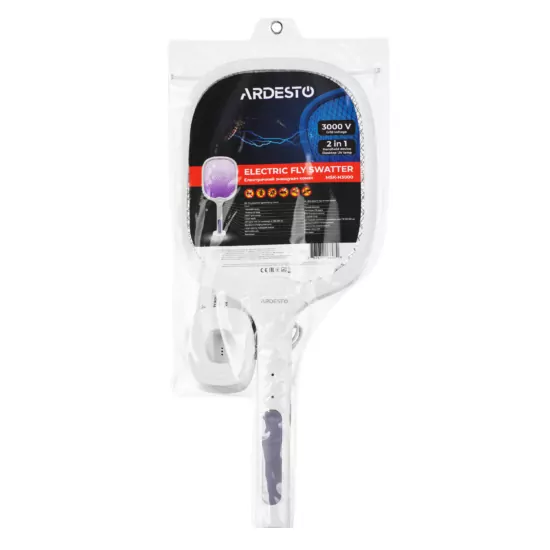ARDESTO Електричний знищувач комах, сітка 3000 В, акум. 1200 мА•год, USB micro-B/USB-A, білий
