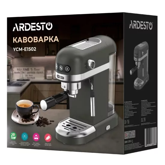 Кавоварка Ardesto  ріжкова 1.4л, мелена, ручний капучинатор, підігрів чашок, чорний